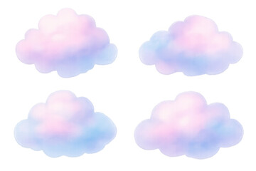 Four fluffy clouds with pastel pink and blue colors floating on a transparent background, perfect for dreamy and whimsical designs