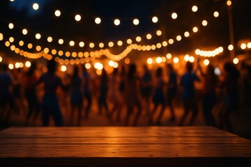 Outdoor night festival with string lights and blurred people dancing in the background. Represents celebration and social gathering.
