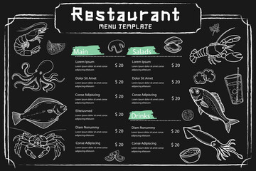 SSeafood menu created with clear lines on a black background. In vector format.