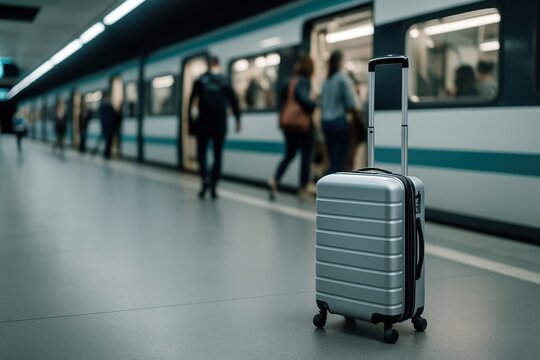 Silver suitcase on metro station platform with people entering train. Represents city commuting and travel. Can be used on visuals related to unattended luggage warning