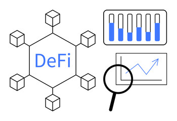 Hexagonal blockchain network with DeFi at the center, bar chart, magnifying glass over graph. Ideal for fintech, cryptocurrency, blockchain, data analysis, innovation, technology simple landing page
