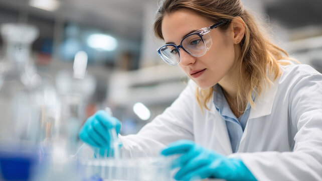 Young female scientist laboratory wearing glasses and gloves, focused experiment with test tubes, modern research environment