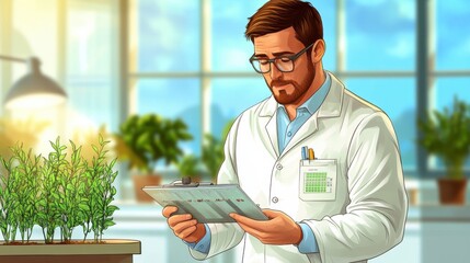 Researcher Evaluating Genes in Urban Greenhouse with Natural Light