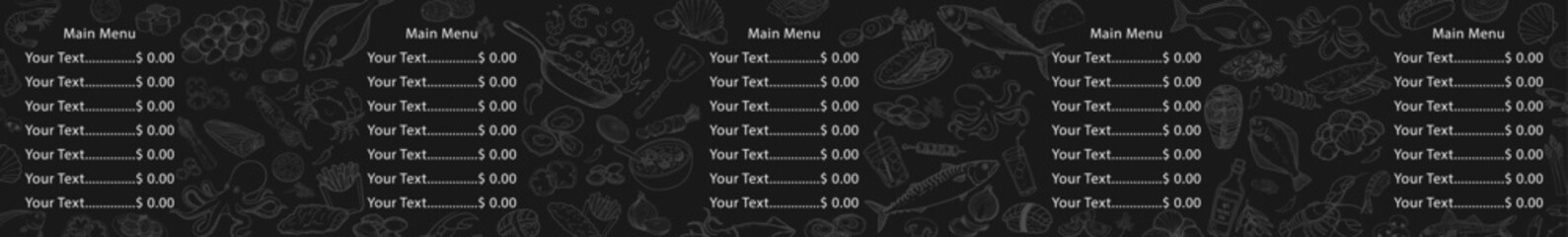 Hand-drawn and usable vector menu created with seafood. Strengthened with a black background.