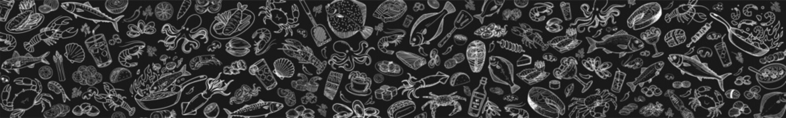 Hand-drawn fish and seafood on a black background. A modern menu concept is presented.