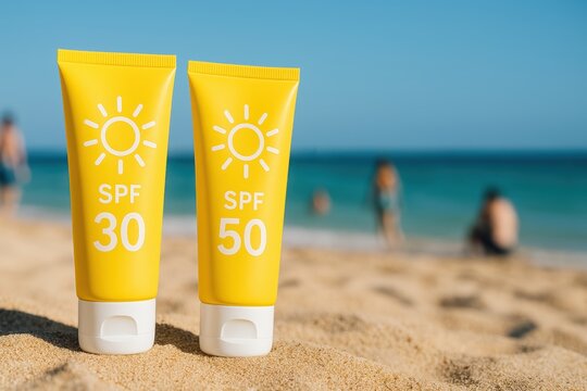 SPF 30 and 50 sunscreen tubes standing on sand with beach and ocean in background, promoting skin protection in summer.