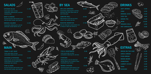 Hand-drawn vector illustration of squid, oysters and fresh fish. Can be used for menus with a sea theme.