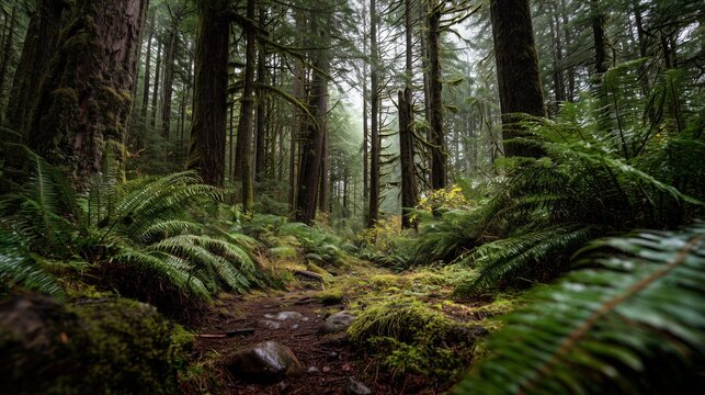 high resolution photo of pacific northwest forest with lush greenery and depth