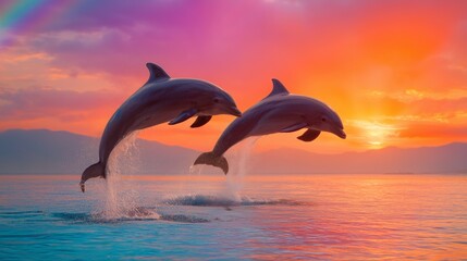 two dolphins jumping with sunset and rainbow light over ocean beach scene