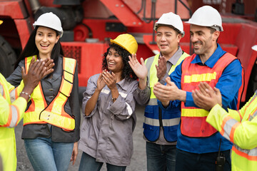 Cheer Group of engineer or workers at container site	
