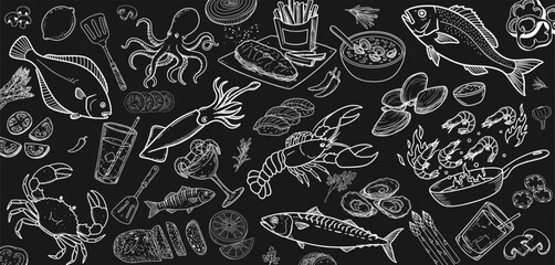 Hand-drawn vector illustration of seafood such as lobster, mussels and crab. Compatible with vintage restaurant concept.