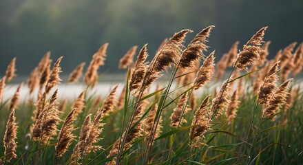 Reeds, Bulrushes, Common reed, Golden Reeds in the Evening Sun