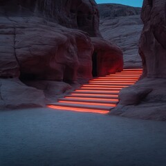 Futuristic, multi-planar glowing, neon pink stairs,, floating in a narrow, carved canyon. Stairs should be floating in the air. Cinematic at dusk.. A juxtaposition of neon and.