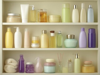 photo of creams and cosmetic bottles in bathroom, not many, look very nice, well organized.