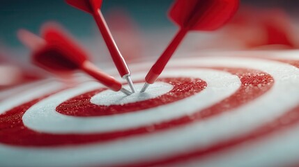 target board with red center, multiple arrows hitting bullseye, sharp focus, clean white background, minimalistic, vibrant red accents, precision and accuracy concept.
