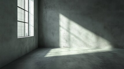 Stark room with harsh sunlight streaming from a window onto a concrete floor and wall