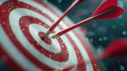 target board with red center, multiple arrows hitting bullseye, sharp focus, clean white background, minimalistic, vibrant red accents, precision and accuracy concept.