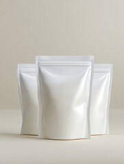 Background white, natural lighting. Soy milk pouch mock-up in opaque white.
