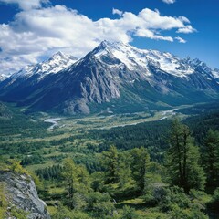 A view of a valley and mountains with a river