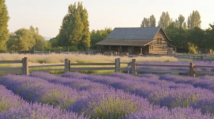 Rustic Lavender Farm in Countryside with Wooden Fences and Trees
