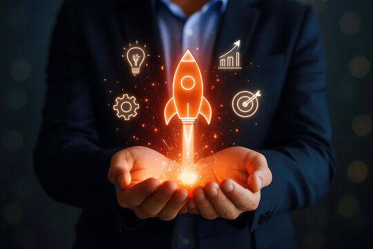 Glowing Rocket Launch With Business Icons success growth
