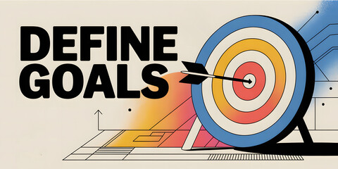 Arrow hitting colorful target with "DEFINE GOALS" text on cream background
