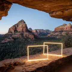 Futuristic, multi-planar glowing, orange 3d geometric shape, floating in a narrow, carved canyon. Cinematic at dusk.. A juxtaposition of neon and nature.