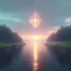 Futuristic, multi-planar glowing, orange 3d geometric shape, floating in a narrow, carved canyon. Cinematic at dusk.. A juxtaposition of neon and nature.