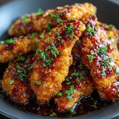 Easy Air Fryer Chicken Tenders coated with Sweet Garlic Glaze, no garnish, mouthwatering, sticky, glazed, appetizing and wet. strictly no garnish, no herbs at all on top.