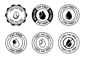 Fat free icons set design. Zero fat circle badge label for dietary product symbol black on white background