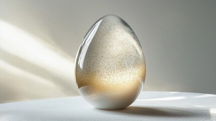 Elegant clear glass egg with golden shimmer displayed on a white surface under soft natural light