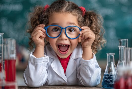 A young girl in a white lab coat and blue goggles is holding up an Erlenmeyer flask to her face, filled with a dark liquid