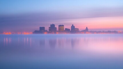 Fototapeta premium Serene Early Morning Cityscape with Mist and Reflections at Dawn