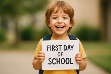Happy young student with backpack holding a sign marking the first school day, smiling outdoors