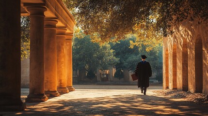 Graduating student walks away from colonnaded pathway