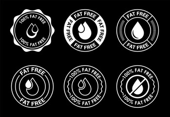 Fat free icons set design. Zero fat circle badge label for dietary product symbol white on black background