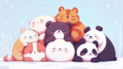 Cute group of cartoon bears cuddling together in a snowy winter landscape