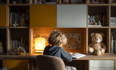 Child reading a school book at modern study desk in cozy kids room.
