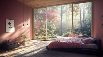 A serene bedroom with a view of a misty forest.