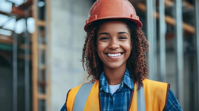 A mixed-race female construction worker confidently posing at a job site. Showcasing women breaking barriers in trades and construction industries