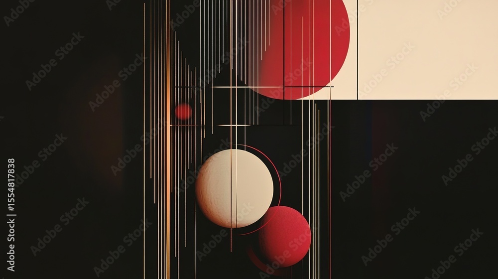 Poster abstract geometric composition with vertical lines and overlapping red and beige circles on a dark a
