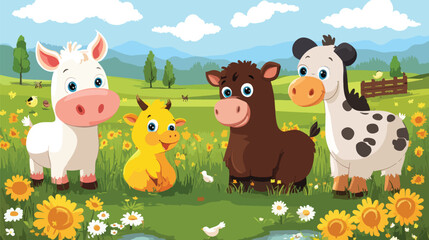 Cute Farmyard Animals with Flowers