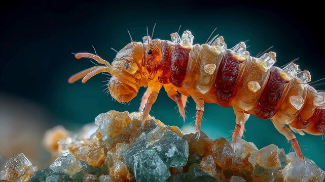 Microscopic Collembola Insect Covered in Crystals on Rock Surface