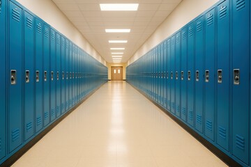 Long corridor with closed blue lockers on both sides, representing a typical school environment between classes