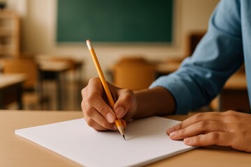 Close-up of student's hand writing on paper with pencil in a classroom, representing learning and academic exercises