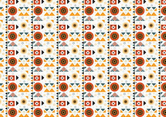 Geometric tribal patterns, repeating shapes and figurative elements symbols