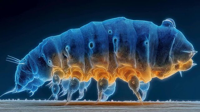 Microscopic Water Bear Tardigrade Close-up in Vibrant Blue and Orange Hues