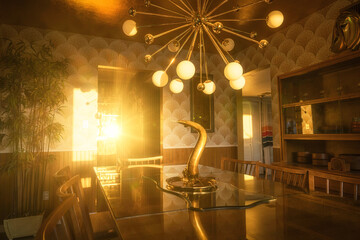 Sunset light floods a glowing mid-century dining room with a long wood table, sculptural...