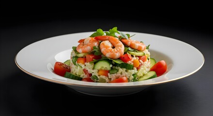 Shrimp salad, Vegetable salad, Seafood salad, Delicious Shrimp and Vegetable Salad on a White Plate