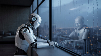 A photograph of a sleek, humanoid robot with
brushed silver plating and glowing blue optics, seated alone at a large panoramic window.